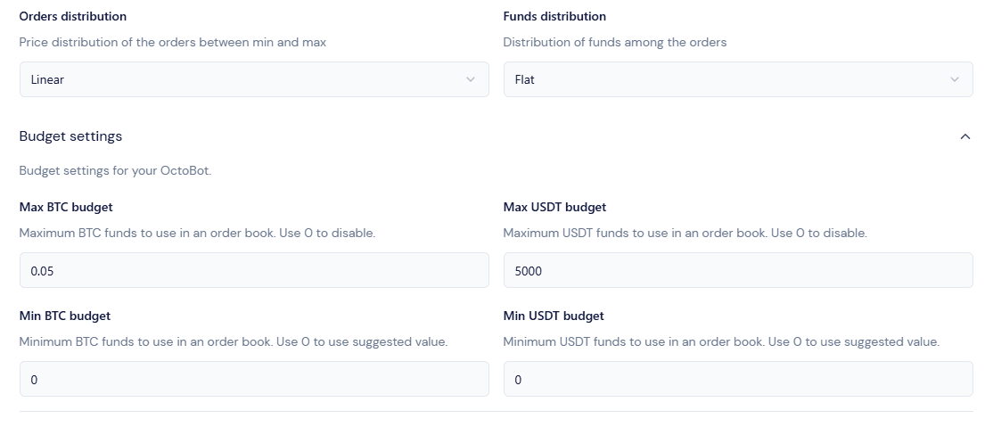 octobot market making starting bot funds distribution and budget
