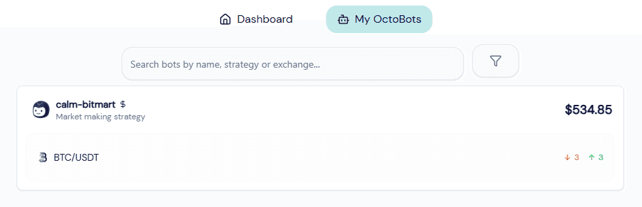 octobot market making bots view with a running bot launch