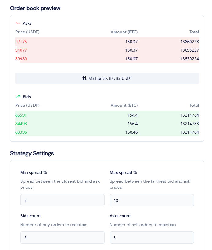 octobot market making starting bot quick configuration with order book preview